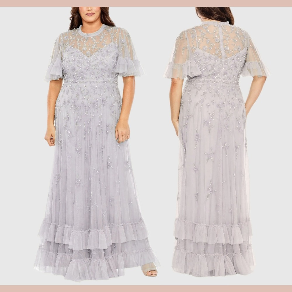 NWT Mac Duggal [ 14W ] 9227 Embellished Flutter Sleeve Ruffle Tiered Gown #J1686